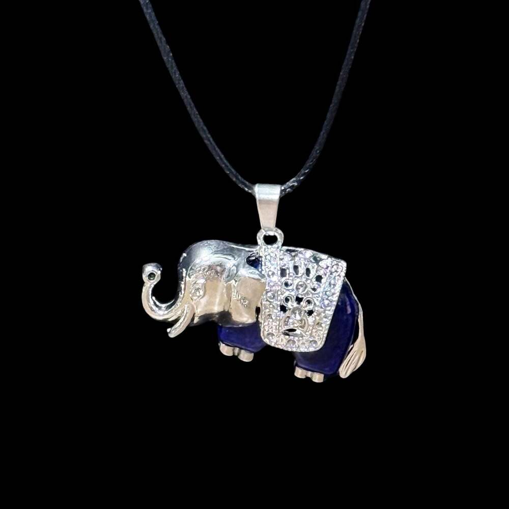 Lapis Lazuli Traveling Elephant Pendant Black Cord Necklace